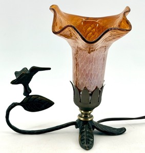 lot 36 image: Amber Glass Flower Shade Table Lamp with Leaf Bird Base