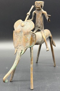 lot 43 image: Primitive Metal Rider on Stylized Animal Figure with Shield & Spear