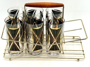 lot 63 image: Art Deco Style Federal Glass Tumblers & Wire Caddy Set of 6