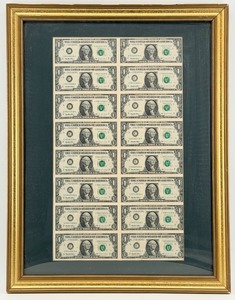 lot 68 image: Bureau of Engraving & Printing Uncut 16-Note One Dollar Sheet Framed