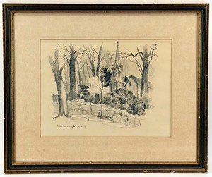 lot 69 image: Original Edward Basker Framed Pencil Landscape & Church Scene