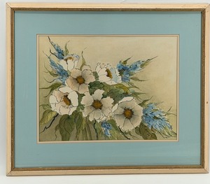 lot 70 image: Framed, Signed Watercolor Floral Bouquet with White Daisies & Blue Accents