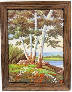 lot 72 image: Birch Tree Landscape Dimensional Textile Art in Wood Frame