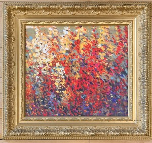 lot 109 image: Vibrant Abstract Floral Painting in Ornate Gold Frame