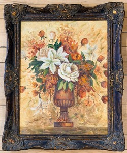 lot 112 image: Framed Floral Bouquet Still Life in Ornate Carved Frame