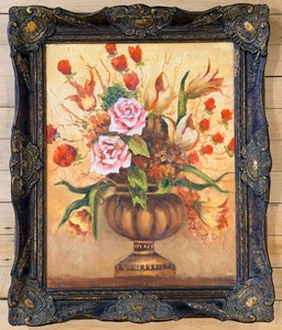 lot 113 image: Floral Still Life Painting in Ornate Blue Frame