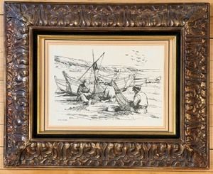 lot 114 image: Julio Amaro Framed Maritime Print of Fishermen on Beach in Ornate Hardwood Frame