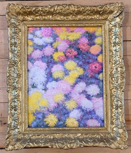 lot 118 image: Claude Monet Chrysanthemums Reproduction Painting on Canvas with Ornate Gilt Frame