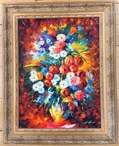 lot 126 image: Afremov-Style Floral Bouquet Reproduction in Ornate Gold Frame