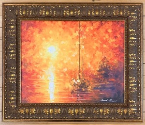 lot 129 image: Leonid Afremov Sunset Sailboat Reproduction on Canvas Painting & Ornate Gold Frame