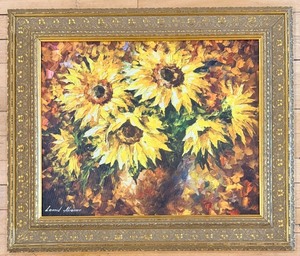 lot 131 image: Sunflower Bouquet by Leonid Afremov, Impasto Oil on Canvas Print in Ornate Frame