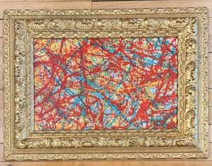 lot 132 image: Pollock-Style Abstract Drip Expressionist Painting in Ornate Gold Frame #12