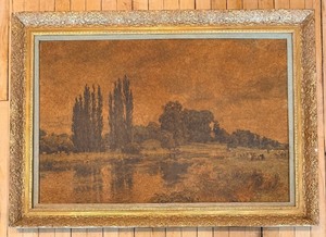 lot 162 image: Oil Landscape Reproduction Painting In Ornate Gilt Frame With Crackled Surface