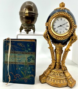 lot 74 image: Vintage Quartz Mantel Clock & Brass Egg Box With Forget-Me-Not Book