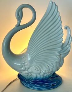 lot 83 image: Ceramic Swan Table Console Lamp With Wing & Ocean-Blue Base