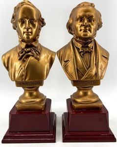lot 85 image: Mendelssohn and Wagner Busts - Gold Tone on Burgundy Pedestals