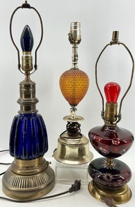 lot 92 image: Vintage Glass & Brass Table Lamps Lot 3-Piece Decor Lighting Set