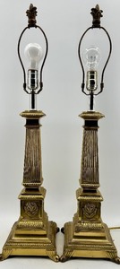 lot 93 image: Pair of Brass Table Lamps with Ornate Crest Bases