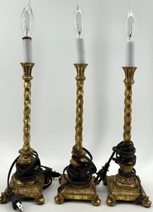lot 95 image: Gilt Brass-tone Candlestick Table Lamps Set of 3