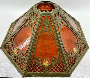 lot 180 image: Art Nouveau Slag Glass Lamp Shade - Octagonal Amber Panels and Metal Frame
