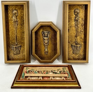 lot 186 image: Religious Wall Plaque Set 2 Tall Gold Frames, Central Octagonal Frame & Last Supper Diorama