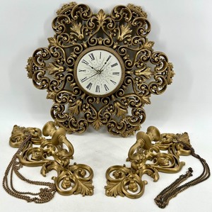 lot 187 image: Rococo Revival Ornate Gold Tone Wall Clock & Sconces Set 