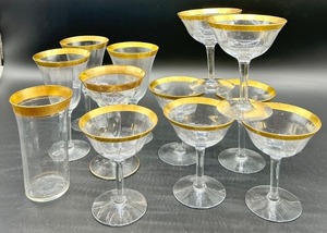 lot 191 image: Tiffin Franciscan Minton - Gold Rim Crystal Glassware Set - Champagne Coupes, Tall Stem Glasses & Tumbler