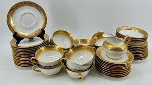 lot 194 image: Limoges France - A Lanternier & Co. Gold Floral Border Tea cups, Coffee cups, Saucers with Creamer