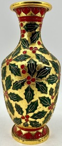 lot 198 image: Holly Leaf & Berry Pattern Cloissone Vase Gold Tone Made In China