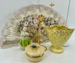 lot 199 image: Vintage Thames Hand Painted Box, Angel Figurine, Lace Fan & Gold Vase