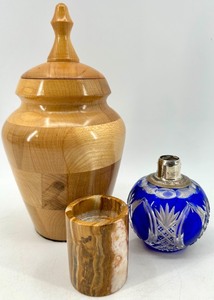 lot 290 image: Three-Piece Wood Jar Lot Patchwork Jar, Stone Votive Holder & Blue Czech cut to clear