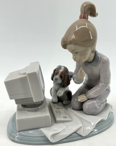 lot 293 image: Lladro Porcelain Figurine Woman With Dog At Computer 