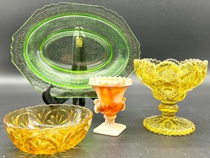 lot 297 image: Uranium Glass Bowl, Amber Glass Bowls & Slag Glass Toothpick Holder