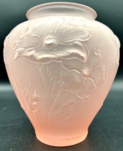 lot 299 image: Tiffin Pink Satin Glass Vase with Floral Relief