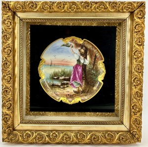lot 300 image: Hand-Painted Porcelain Plate in Ornate Gilt Frame by N Gilbert