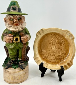 lot 302 image: Whiskey Decanter Figure - Leprechaun in Green With Hat Stopper and Vintage Ceramic Humorous Ashtray