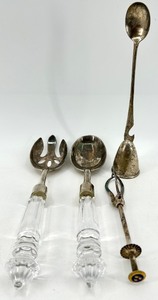 lot 306 image: Vintage Crystal-Handled Silverplate Flatware, Candle Snuffer, Swedish Crown Mark and Pickle Grabber