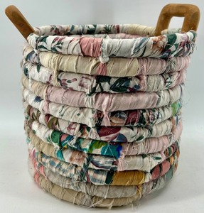 lot 307 image: Patchwork Fabric Braided Basket with Wooden Handles
