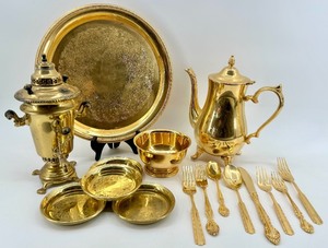 lot 309 image: Gold-Tone Baldwin Tea & Coffee Service with Tray, Sugar Bowl, and Flatware