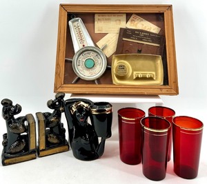 lot 310 image: Vintage Framed Diorama with Retro Ephemera, Black Bookends & Red Glasses