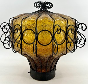 lot 88A image: Amber Glass Pendant Lamp with Wrought Iron Scroll Cage