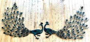 lot 77 image: Mid Century Vintage Pair of Peacock Metal Sculptures with Green Patina & Gold Accents