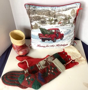 lot 24 image: Christmas Stockings  Santas Boot Candy Container  Christmas Pillow