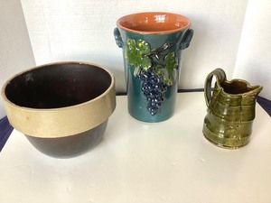 lot 72 image: French Majolica Glaze Wine Cooler  Large Stoneware Bowl  Lobed Pottery Pitcher