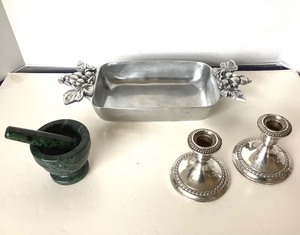 lot 74 image: Green Marble Mortar & Pestle  Sterling Candlesticks  Serving Dish