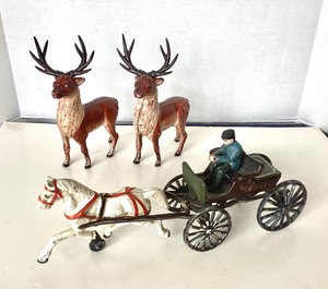 lot 80 image: Replica Cast Iron Police Chief Toy Wagon  Vintage Pair Cast Iron Reindeer