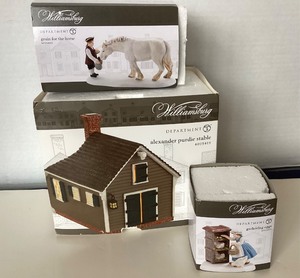 lot 126 image: Dept 56 Williamsburg Alexander Purdie Stable  Grain for the Horse  Gathering Eggs