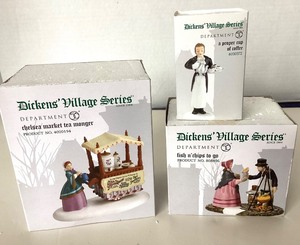 lot 162 image: Dept 56 Dickens Village series Chelsea Market Tea Monger  A Proper Cup Of Coffee  Fish & Chips to Go