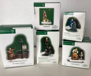 lot 166 image: Dept 56 Dickens Village New England Lamplighter  Chimney Sweep & Son  Sweeping Up  Master & Apprentice  Lock Keeper