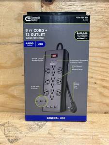 lot 50 image: Commercial Electric 6 ft. 12-Outlet Black Surge Protector with USB